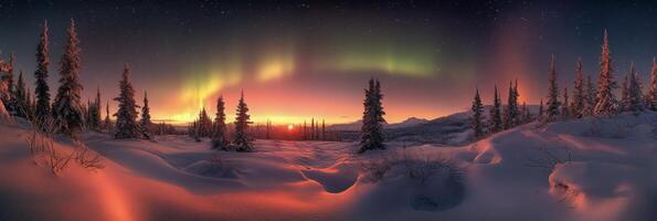 Stunning view of the northern lights illuminating a snowy landscape at dusk in winter photo
