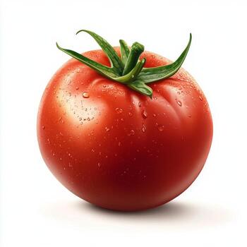 Freshly washed red tomato with droplets on white background showcasing its vibrant color photo
