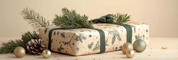 Festively wrapped green gifts with decorative accents and pine sprigs on a soft surface photo