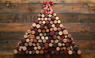 Creative Christmas tree made of wine corks arranged on a wooden background with a festive bow photo