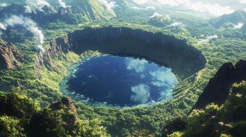 Aerial view of a vibrant volcanic crater lake surrounded by lush greenery under a clear sky photo