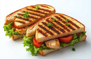 Grilled chicken sandwich with lettuce and tomato served on toasted bread during lunchtime photo