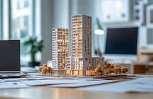 Architectural model of modern apartment buildings displayed on a desk in a design studio photo