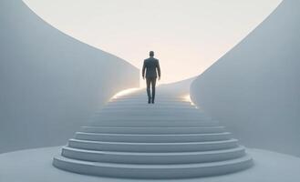 A man in a suit ascends a modern staircase in a minimalist indoor space during the day photo