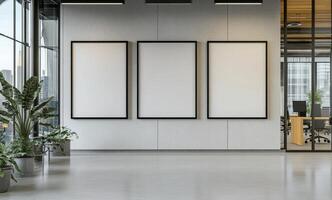 Modern indoor seating area with plants and blank frames in a spacious, well lit environment photo
