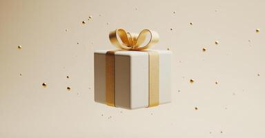 A floating gift box with a ribbon in a sunlit room near a window photo