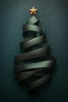 Decorative green ribbon spirals into a Christmas tree shape adorned with golden stars and glitter photo