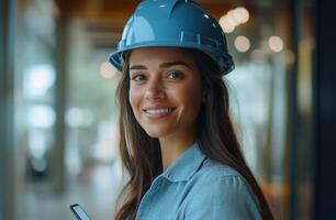 Construction professional smiling indoors with safety helmet amid greenery in bright setting photo