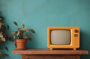 A vintage yellow television sits on a wooden table against a striking turquoise wall photo