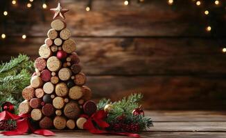 Creative Christmas tree made of wine corks arranged on a wooden background with a festive bow photo