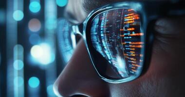 Close up of a person wearing glasses reflecting digital data in a tech inspired environment photo