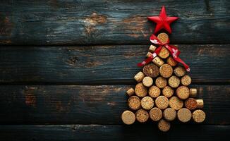 Creative cork Christmas tree made from wine corks with a red star decoration photo
