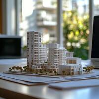 Architectural model of a modern building presented in an office during daylight hours photo