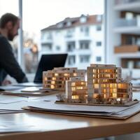 Architectural model of a modern building presented in an office during daylight hours photo