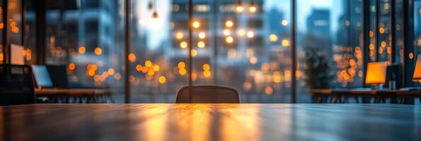Business meeting setup in a modern conference room during twilight hours photo