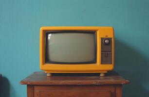 Retro yellow television set on a wooden table against a blue wall in a cozy indoor space photo