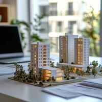 Architectural model of a modern building presented in an office during daylight hours photo