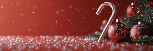Festive red decorations and candy canes create a cheerful holiday atmosphere on a table photo
