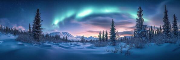 Stunning view of the northern lights illuminating a snowy landscape at dusk in winter photo