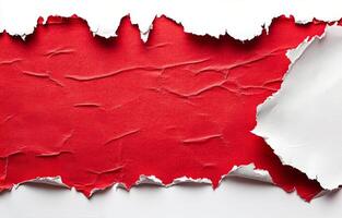 Abstract red artwork with a textured surface and torn paper effects on a white background photo
