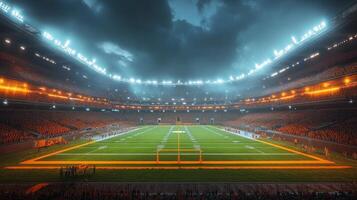 Nighttime soccer stadium illuminated with bright lights and excited crowd before the match photo