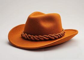 A stylish orange felt hat with braided leather band lying on a white background photo
