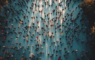 Crowd moving leisurely in a bustling urban plaza under the warm afternoon sunlight photo
