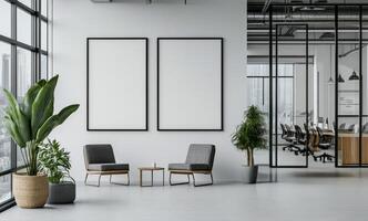 Modern interior design featuring cozy seating and neutral decor in a bright, spacious office setting photo
