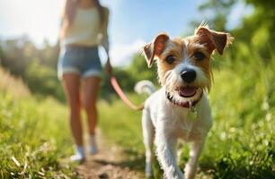 A person walks a small dog on a sunny day along a tree lined path in the park photo