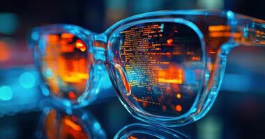 Close up of a person wearing glasses reflecting digital data in a tech inspired environment photo