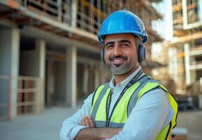 Construction worker smiling at a building site during daylight photo