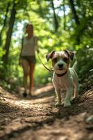 Woman walking a playful dog on a lush trail surrounded by greenery in early afternoon light photo
