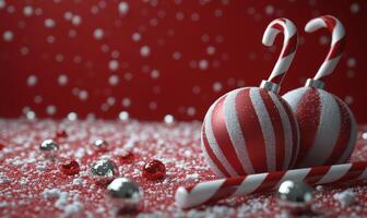 Decorative red and white ornaments and candy canes on festive red background covered in snow photo
