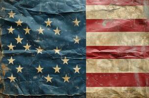 American flag draped subtly against a textured gray background in a minimalistic setting photo