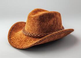 A stylish orange felt hat with braided leather band lying on a white background photo
