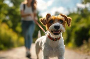 A person walks a small dog on a sunny day along a tree lined path in the park photo