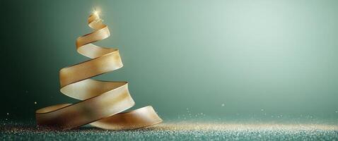 Decorative golden ribbon shaped like a Christmas tree on a softly illuminated green background photo