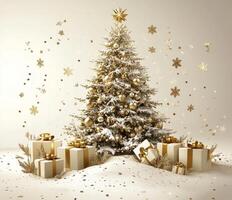 Festively decorated Christmas tree adorned with gifts and shimmering snowflakes in winter ambiance photo