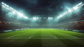 Nighttime soccer stadium illuminated with bright lights and excited crowd before the match photo