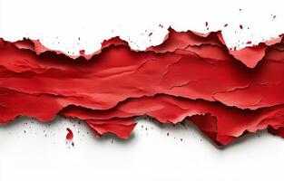 Frayed red paper tearing to reveal a white background with splattered paint effects photo