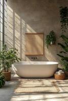 Serene bathroom oasis with a freestanding tub and lush greenery on a sunny day photo