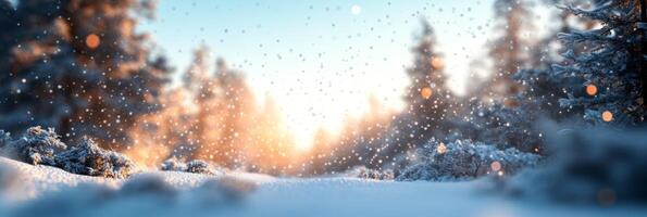 Snowflakes gently falling over a serene winter landscape during daylight in a quiet forest photo