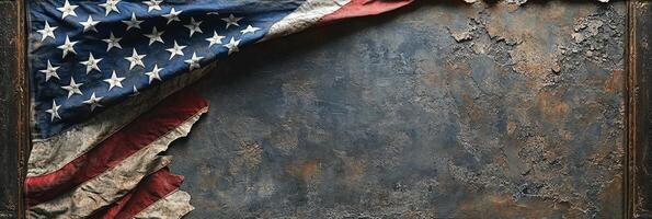 Worn American flag draped over a textured surface, symbolizing patriotism and history photo