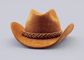 A stylish orange felt hat with braided leather band lying on a white background photo
