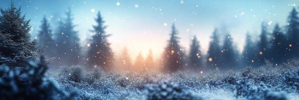 Snowflakes gently falling over a serene winter landscape during daylight in a quiet forest photo