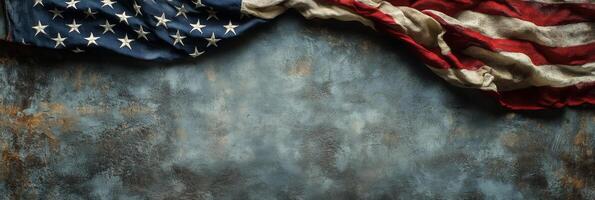 Worn American flag draped over a textured surface, symbolizing patriotism and history photo