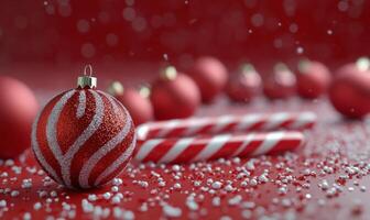 Decorative red and white ornaments and candy canes on festive red background covered in snow photo