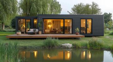 Modern black cabin on stilts surrounded by lush greenery at sunset near a peaceful water body photo