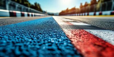 Racetrack view capturing the colorful start line and surrounding trees under bright daylight photo