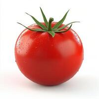 Fresh red tomato glistening with water droplets on a clean white background photo
